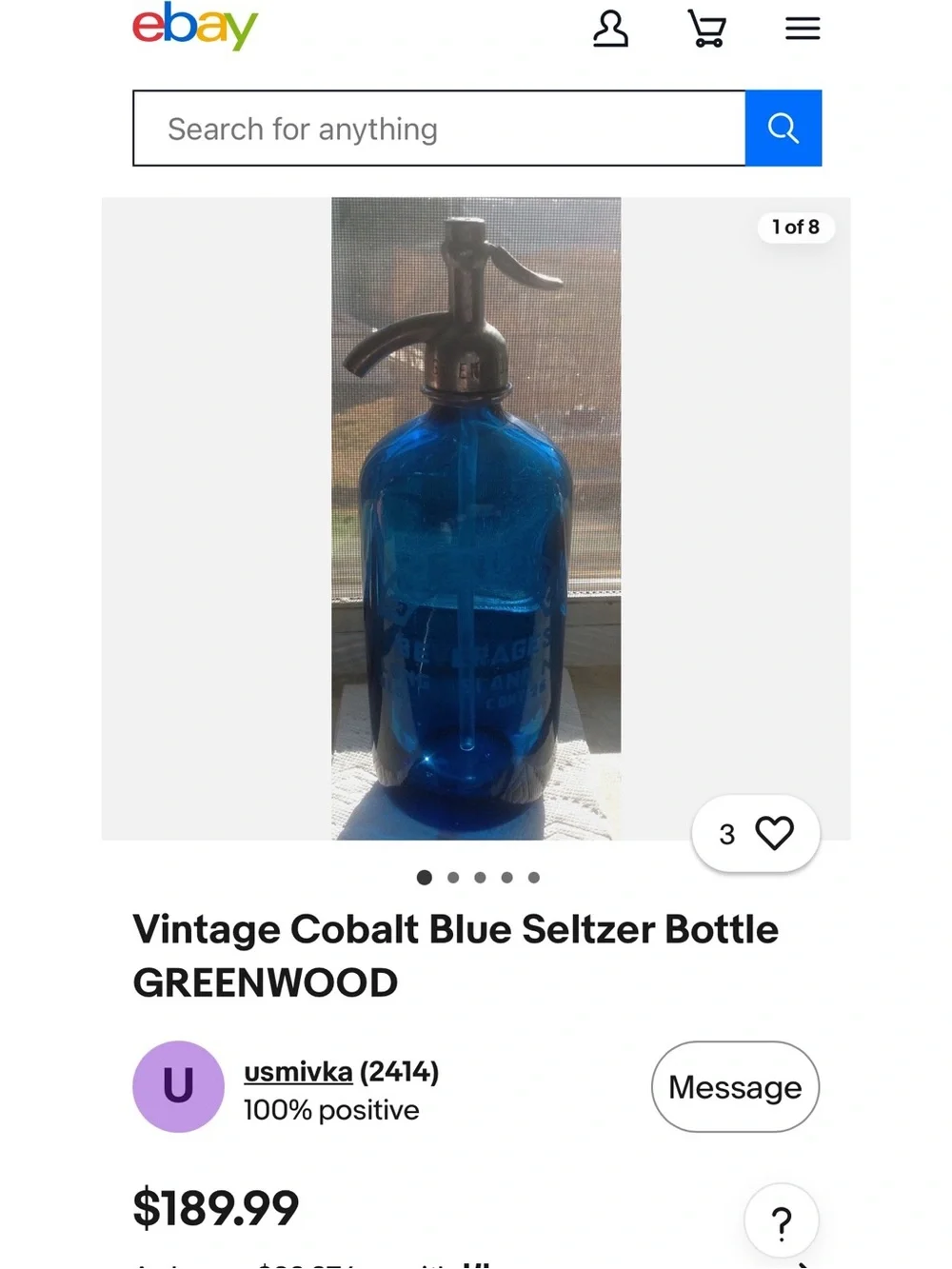 RARE Vintage Cobalt Blue Soda Seltzer Siphon Bottle
